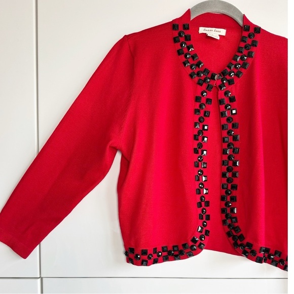 Luxxe Lane Red Cardigan Bejeweled Shrug Size Small Black Beads Crystals - Picture 2 of 7